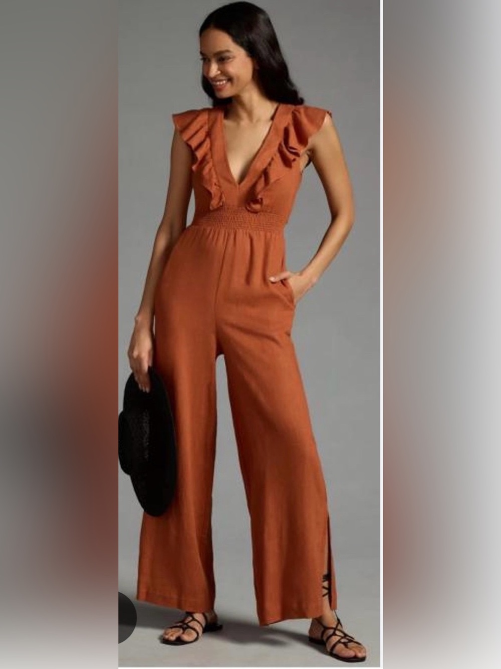 Anthropologie Rust Ruffle V-Neck Wide-Leg Jumpsuit